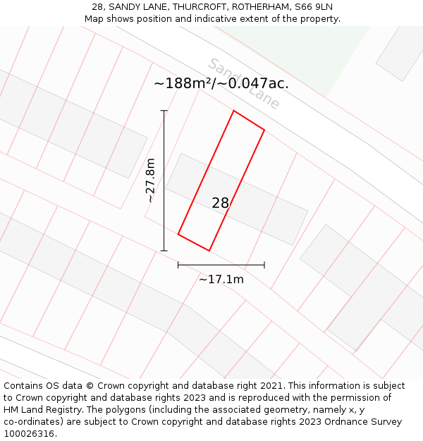 28, SANDY LANE, THURCROFT, ROTHERHAM, S66 9LN: Plot and title map