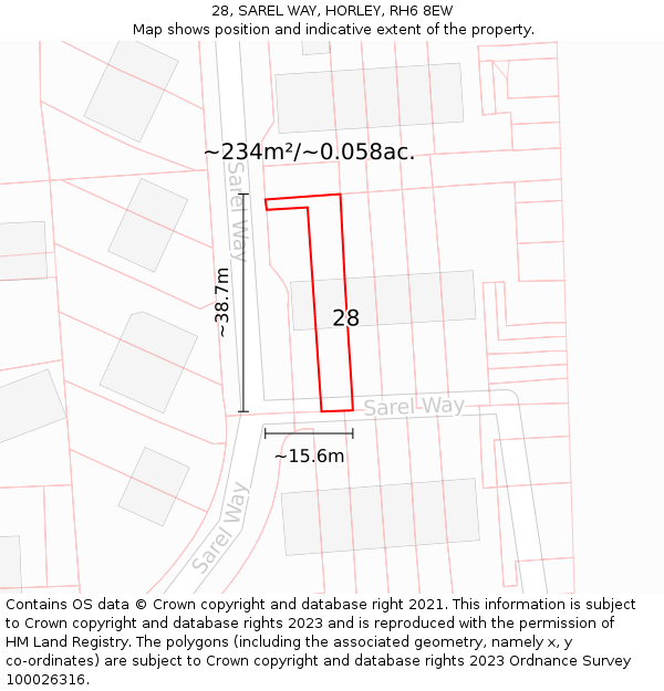 28, SAREL WAY, HORLEY, RH6 8EW: Plot and title map