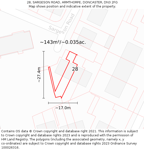 28, SARGESON ROAD, ARMTHORPE, DONCASTER, DN3 2FG: Plot and title map