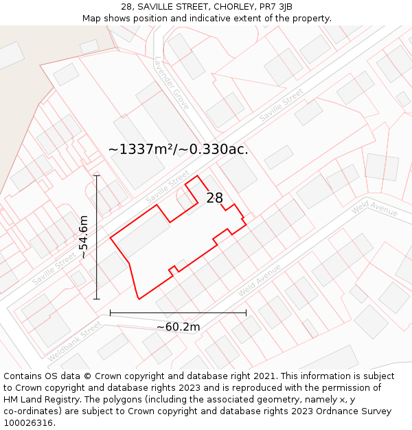 28, SAVILLE STREET, CHORLEY, PR7 3JB: Plot and title map