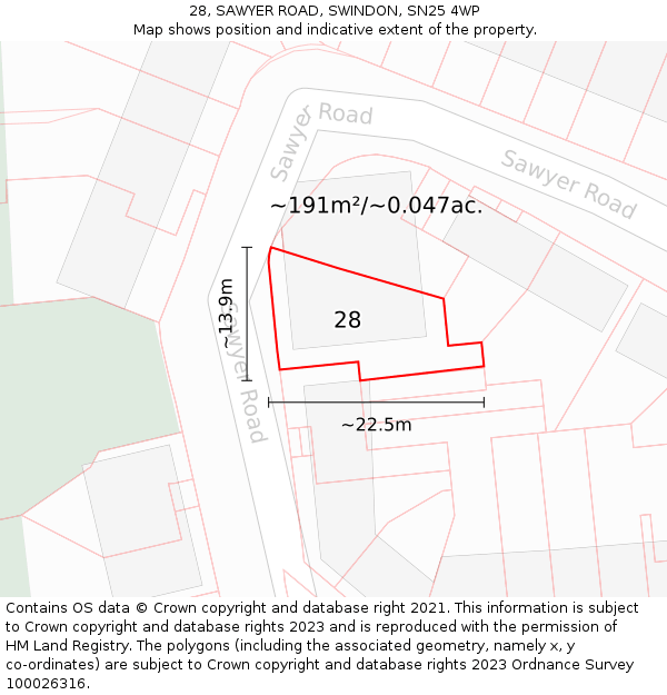28, SAWYER ROAD, SWINDON, SN25 4WP: Plot and title map