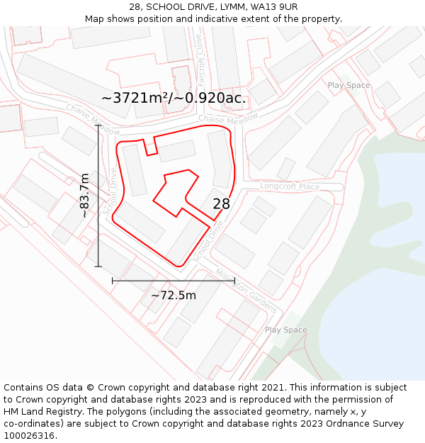28, SCHOOL DRIVE, LYMM, WA13 9UR: Plot and title map