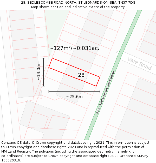 28, SEDLESCOMBE ROAD NORTH, ST LEONARDS-ON-SEA, TN37 7DG: Plot and title map