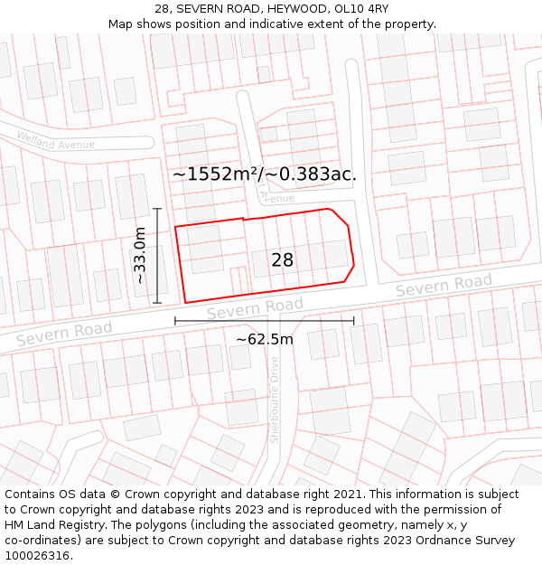 28, SEVERN ROAD, HEYWOOD, OL10 4RY: Plot and title map