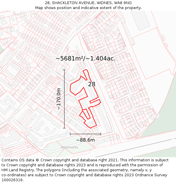 28, SHACKLETON AVENUE, WIDNES, WA8 9NG: Plot and title map