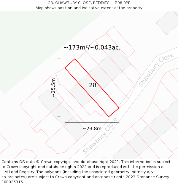 28, SHAWBURY CLOSE, REDDITCH, B98 0PE: Plot and title map