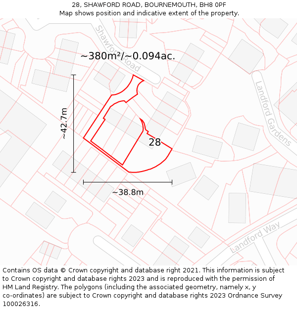 28, SHAWFORD ROAD, BOURNEMOUTH, BH8 0PF: Plot and title map