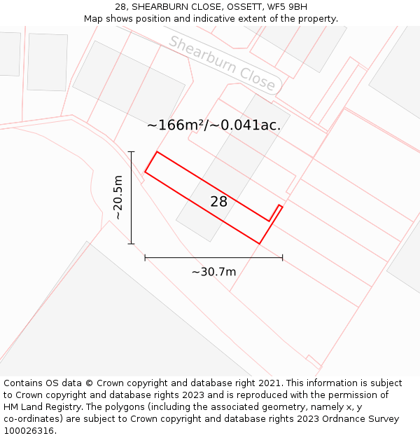 28, SHEARBURN CLOSE, OSSETT, WF5 9BH: Plot and title map