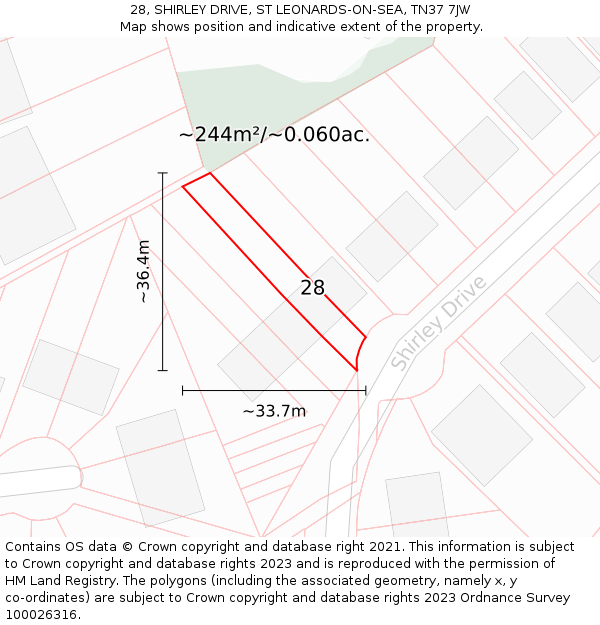28, SHIRLEY DRIVE, ST LEONARDS-ON-SEA, TN37 7JW: Plot and title map
