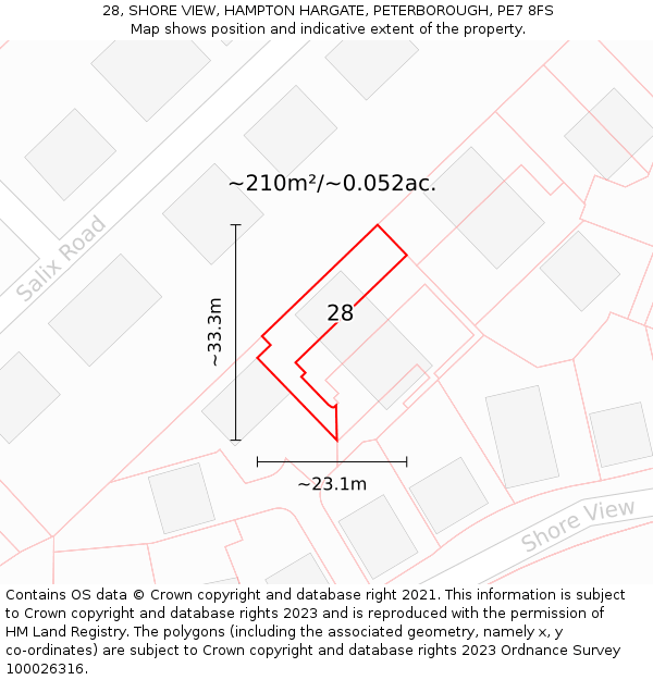 28, SHORE VIEW, HAMPTON HARGATE, PETERBOROUGH, PE7 8FS: Plot and title map