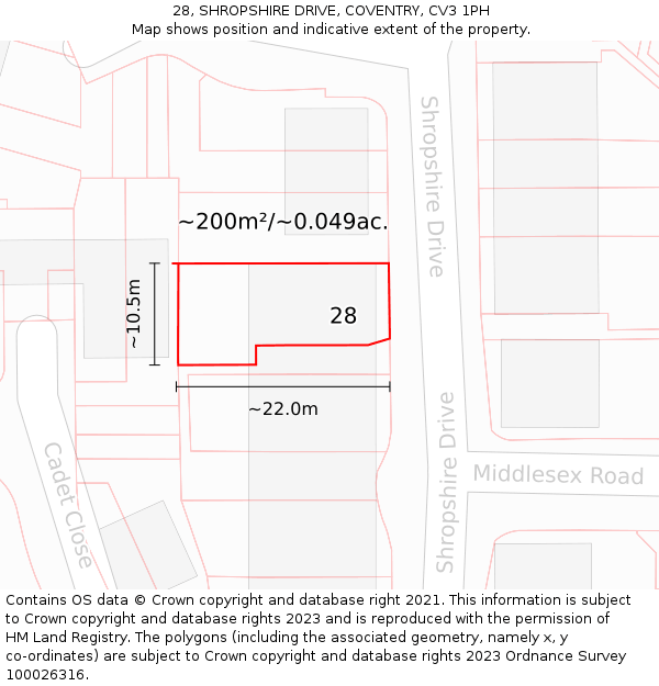28, SHROPSHIRE DRIVE, COVENTRY, CV3 1PH: Plot and title map