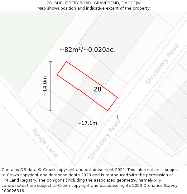 28, SHRUBBERY ROAD, GRAVESEND, DA12 1JW: Plot and title map