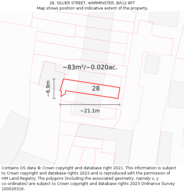 28, SILVER STREET, WARMINSTER, BA12 8PT: Plot and title map