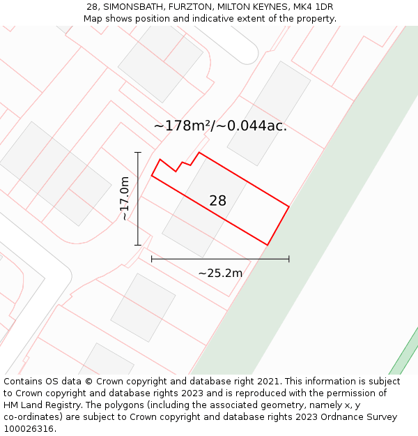 28, SIMONSBATH, FURZTON, MILTON KEYNES, MK4 1DR: Plot and title map