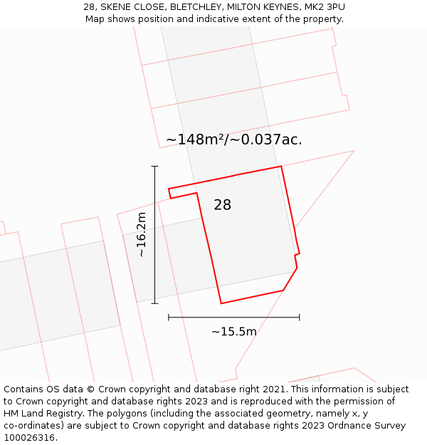 28, SKENE CLOSE, BLETCHLEY, MILTON KEYNES, MK2 3PU: Plot and title map