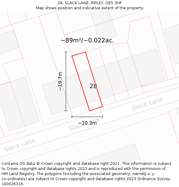 28, SLACK LANE, RIPLEY, DE5 3HF: Plot and title map