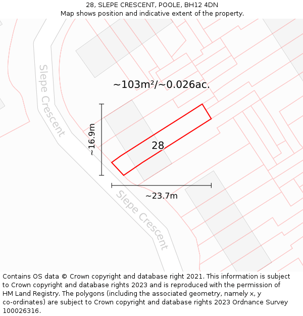 28, SLEPE CRESCENT, POOLE, BH12 4DN: Plot and title map