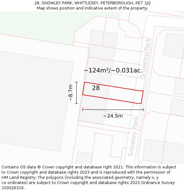 28, SNOWLEY PARK, WHITTLESEY, PETERBOROUGH, PE7 1JQ: Plot and title map