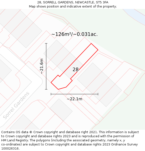 28, SORRELL GARDENS, NEWCASTLE, ST5 3FA: Plot and title map