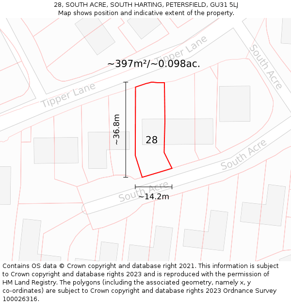 28, SOUTH ACRE, SOUTH HARTING, PETERSFIELD, GU31 5LJ: Plot and title map