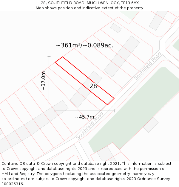 28, SOUTHFIELD ROAD, MUCH WENLOCK, TF13 6AX: Plot and title map