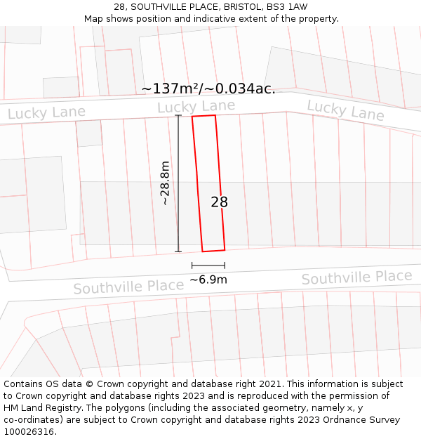 28, SOUTHVILLE PLACE, BRISTOL, BS3 1AW: Plot and title map