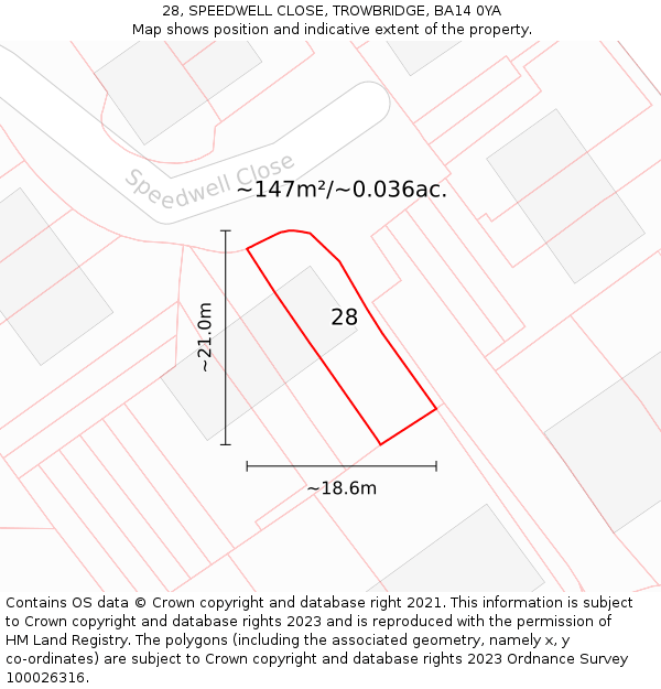 28, SPEEDWELL CLOSE, TROWBRIDGE, BA14 0YA: Plot and title map
