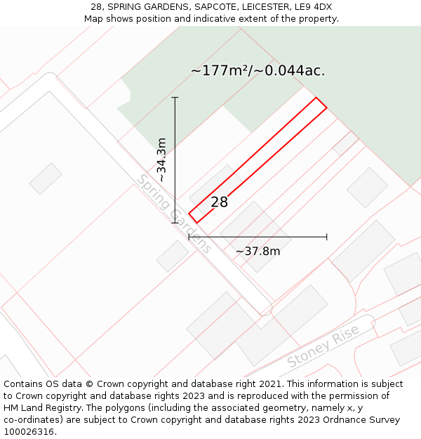 28, SPRING GARDENS, SAPCOTE, LEICESTER, LE9 4DX: Plot and title map