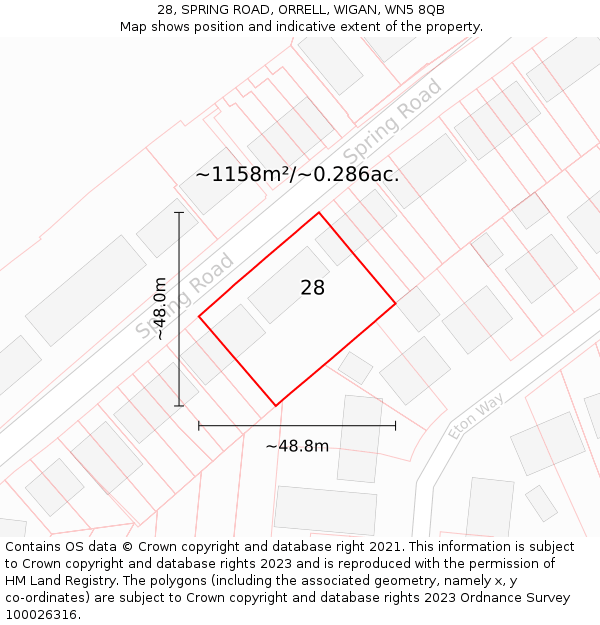 28, SPRING ROAD, ORRELL, WIGAN, WN5 8QB: Plot and title map