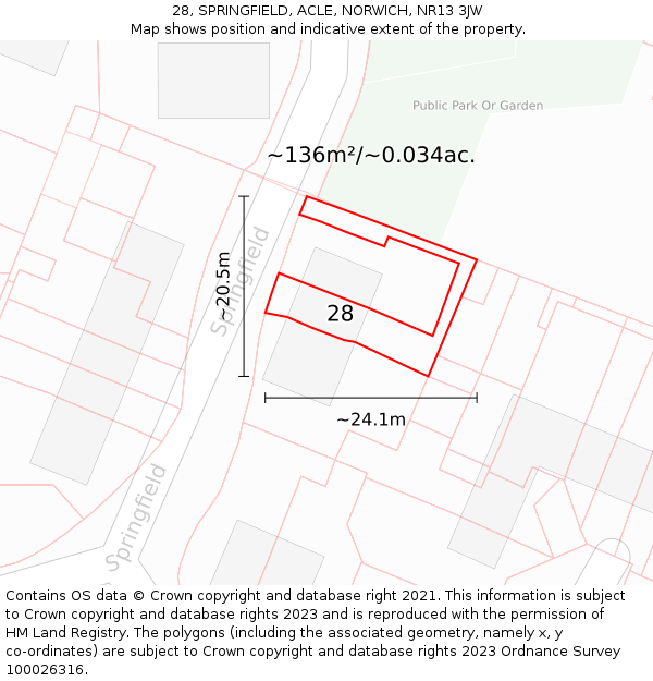28, SPRINGFIELD, ACLE, NORWICH, NR13 3JW: Plot and title map