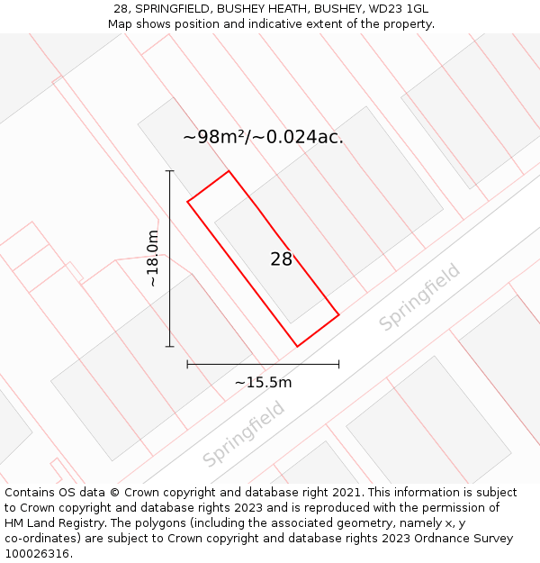 28, SPRINGFIELD, BUSHEY HEATH, BUSHEY, WD23 1GL: Plot and title map