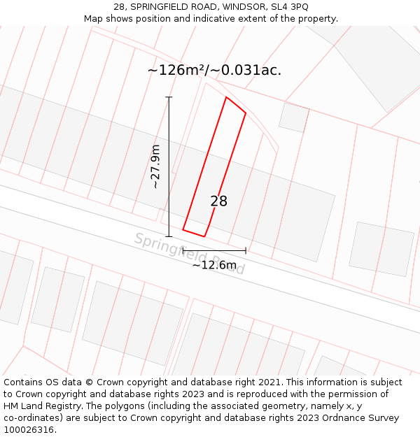 28, SPRINGFIELD ROAD, WINDSOR, SL4 3PQ: Plot and title map