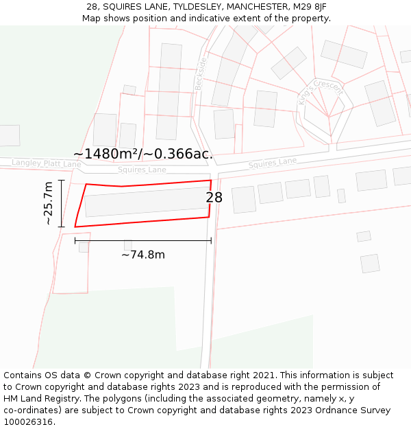 28, SQUIRES LANE, TYLDESLEY, MANCHESTER, M29 8JF: Plot and title map