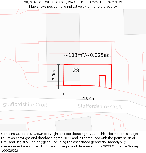 28, STAFFORDSHIRE CROFT, WARFIELD, BRACKNELL, RG42 3HW: Plot and title map