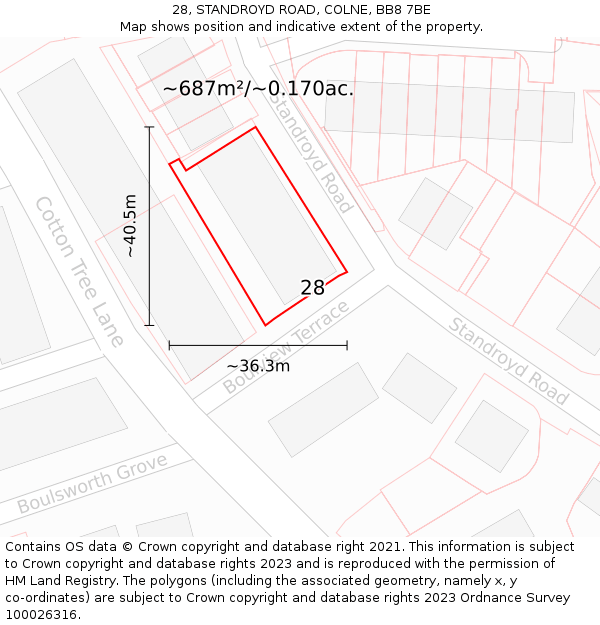 28, STANDROYD ROAD, COLNE, BB8 7BE: Plot and title map