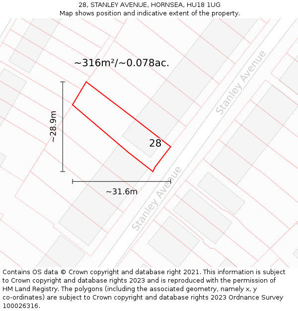 28, STANLEY AVENUE, HORNSEA, HU18 1UG: Plot and title map