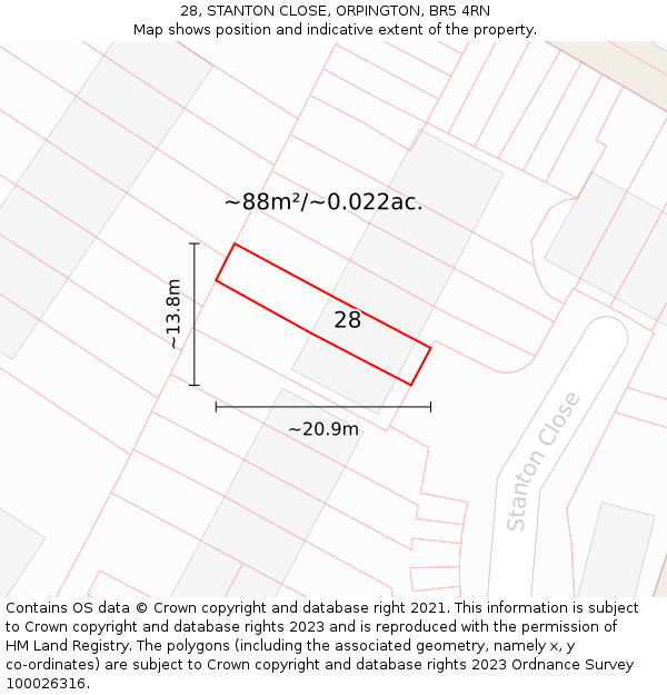 28, STANTON CLOSE, ORPINGTON, BR5 4RN: Plot and title map