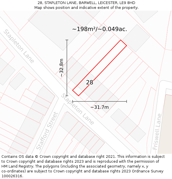 28, STAPLETON LANE, BARWELL, LEICESTER, LE9 8HD: Plot and title map