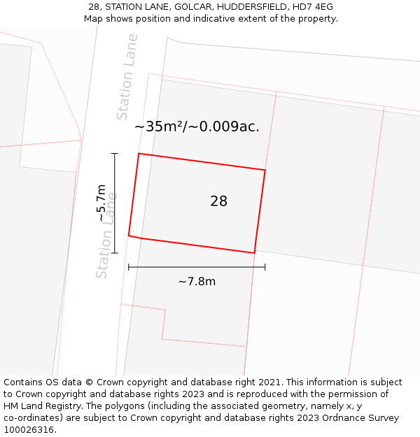 28, STATION LANE, GOLCAR, HUDDERSFIELD, HD7 4EG: Plot and title map