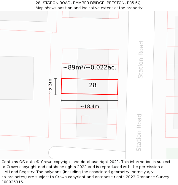 28, STATION ROAD, BAMBER BRIDGE, PRESTON, PR5 6QL: Plot and title map