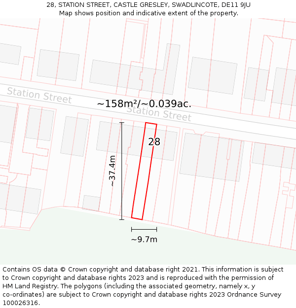 28, STATION STREET, CASTLE GRESLEY, SWADLINCOTE, DE11 9JU: Plot and title map