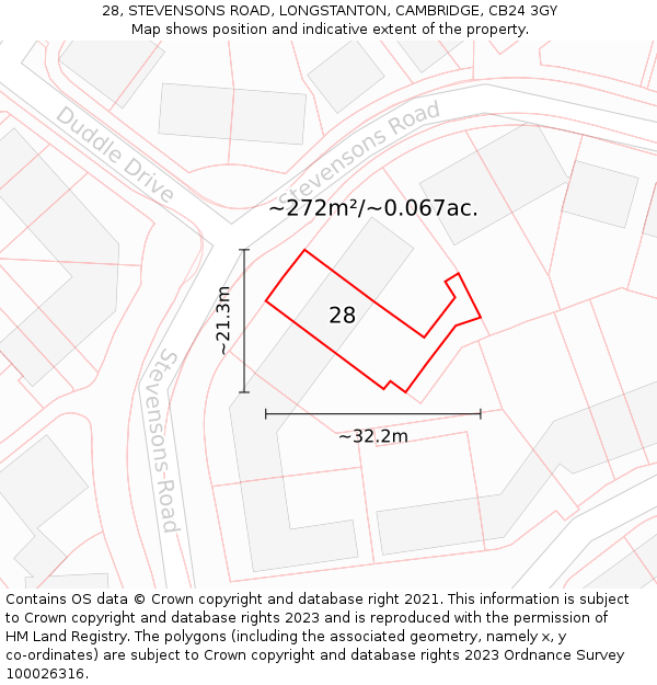 28, STEVENSONS ROAD, LONGSTANTON, CAMBRIDGE, CB24 3GY: Plot and title map