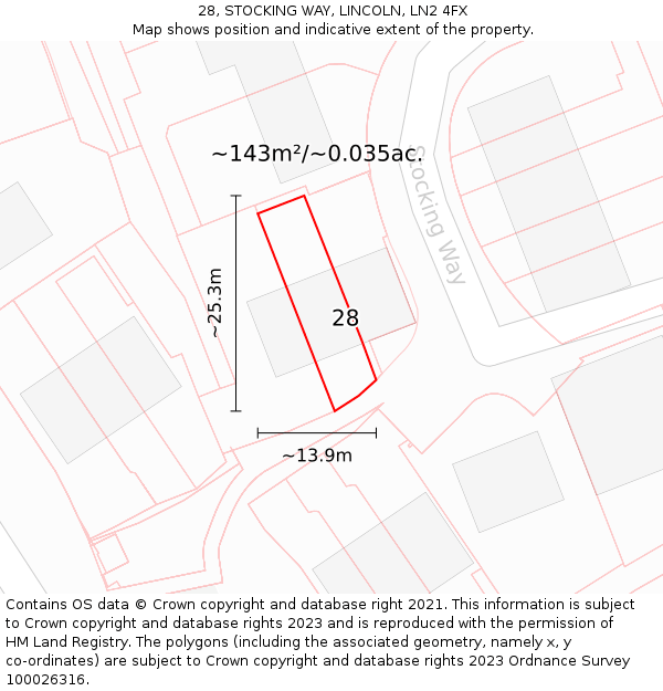 28, STOCKING WAY, LINCOLN, LN2 4FX: Plot and title map