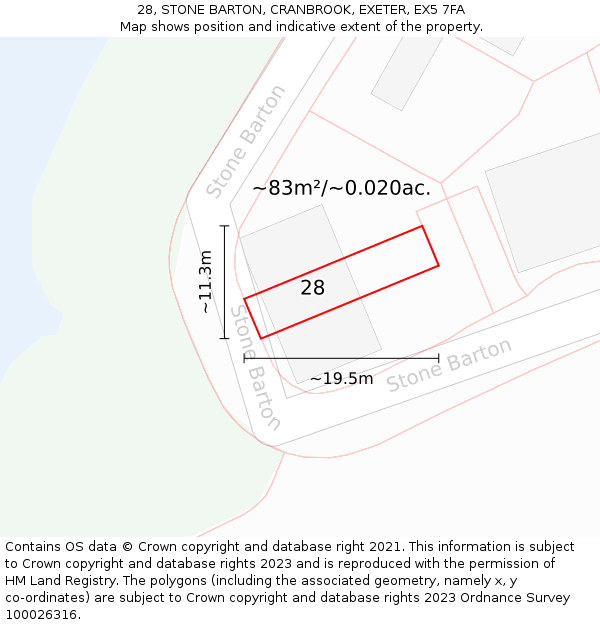 28, STONE BARTON, CRANBROOK, EXETER, EX5 7FA: Plot and title map