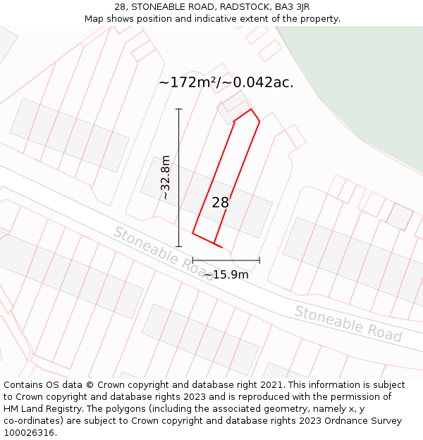 28, STONEABLE ROAD, RADSTOCK, BA3 3JR: Plot and title map