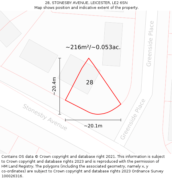 28, STONESBY AVENUE, LEICESTER, LE2 6SN: Plot and title map