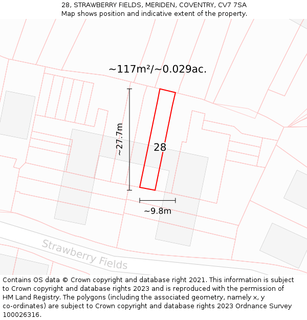 28, STRAWBERRY FIELDS, MERIDEN, COVENTRY, CV7 7SA: Plot and title map
