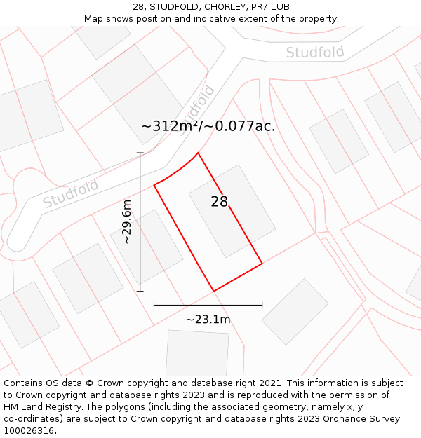 28, STUDFOLD, CHORLEY, PR7 1UB: Plot and title map