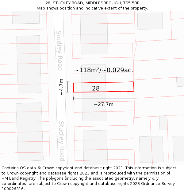28, STUDLEY ROAD, MIDDLESBROUGH, TS5 5BP: Plot and title map