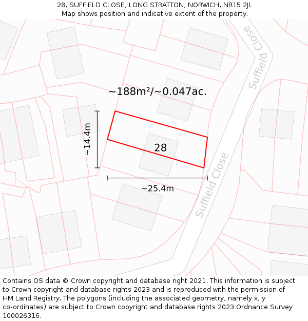 28, SUFFIELD CLOSE, LONG STRATTON, NORWICH, NR15 2JL: Plot and title map